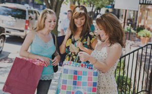 Shopping in Downtown Mt. Pleasant, Michigan, three girls, smiling