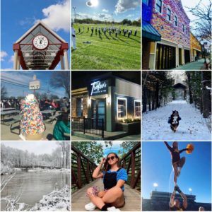 A collage of the nine, most-liked photos on the Mt. Pleasant Area Convention and Visitors Bureau Instagram page, @mtpleasantcvb, featuring nine photos of Mt. Pleasant, Michigan.