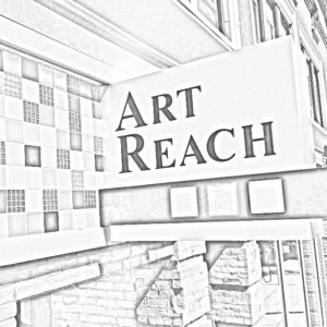 A black and white coloring page of Art Reach of Mid Michigan's sign outside of the business in downtown Mt. Pleasant.