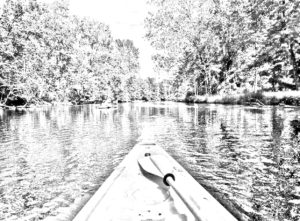 A black and white coloring page of a kayak on the Chippewa River in Mt. Pleasant, Michigan.