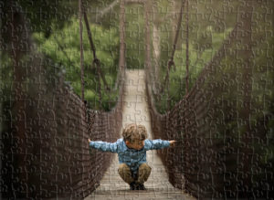 A young boy crouches on the rope bridge at Deerfield Nature Park in Mt. Pleasant, Michigan.