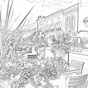 A black and white coloring page of the Midori Sushi and Martini Lounge outdoor patio in Downtown Mt. Pleasant, Michigan.
