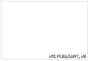A black and white coloring page of a postcard with Mt. Pleasant, Michigan on it.