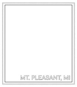 A black and white coloring page of a stamp with Mt. Pleasant, Michigan on it.