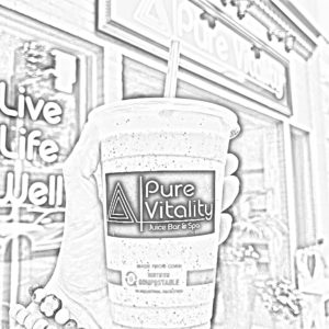 A black and white coloring page of Pure Vitality Juice Bar & Spa in Downtown Mt. Pleasant, Michigan.