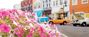 Beautiful downtown Mt. Pleasant in the spring with blooming flowers.