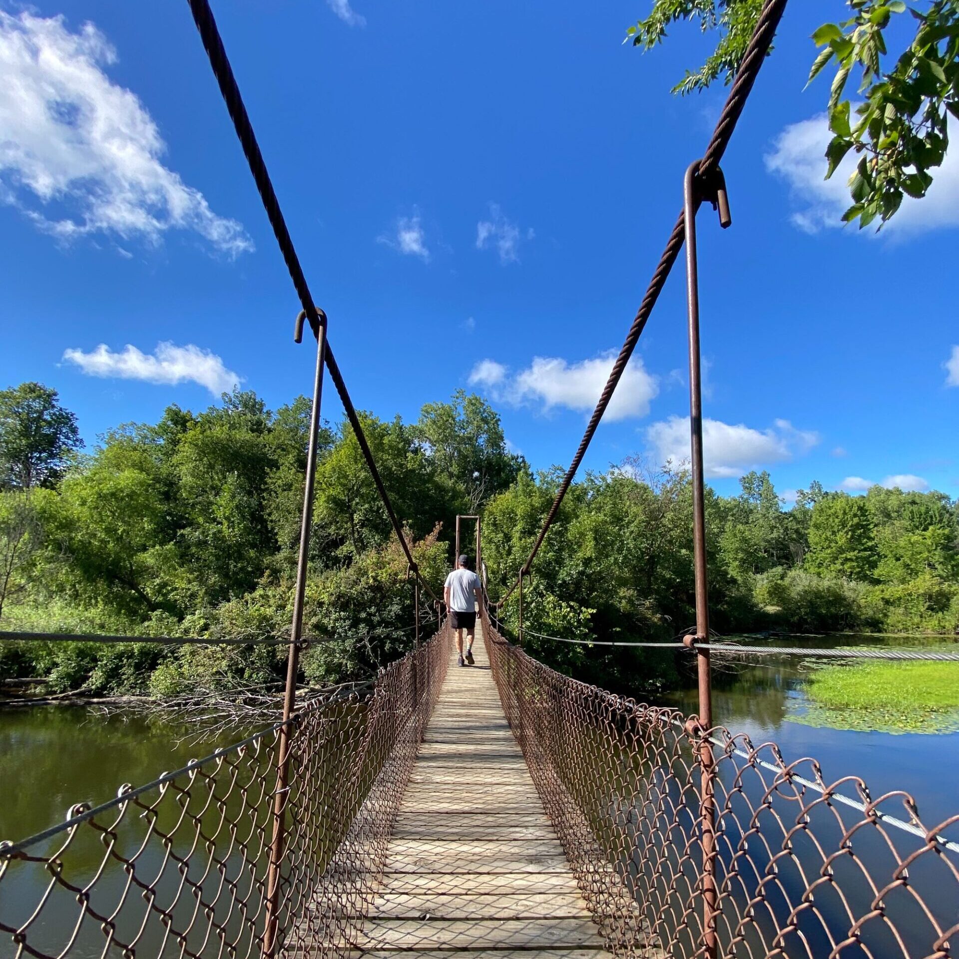 A man crossing the suspension bridge at Deerfield Nature Park.